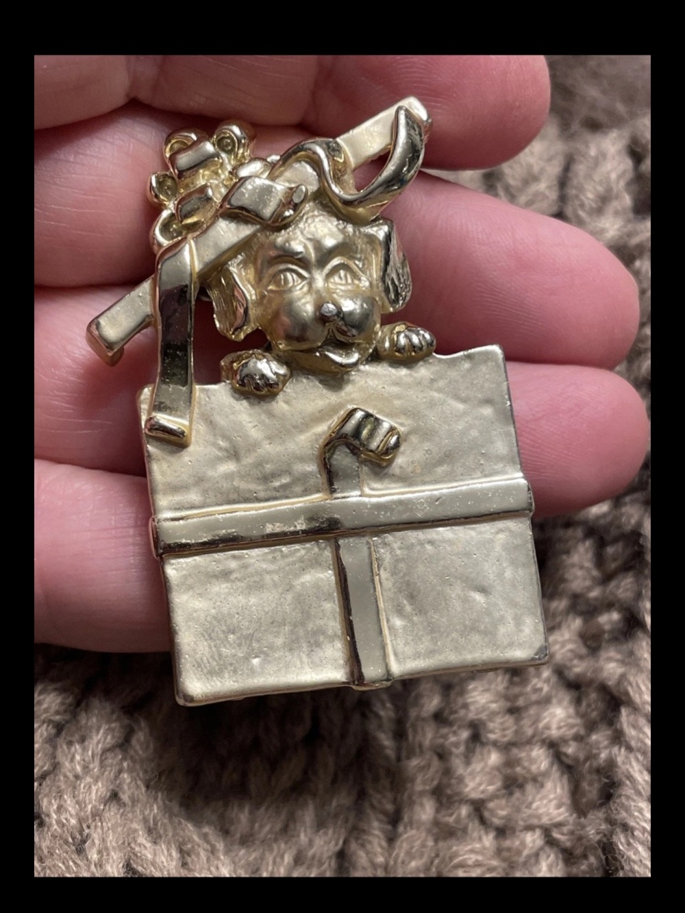 Vintage AJC Gold Tone Christmas Puppy Peeking Out of Present Brooch Pin